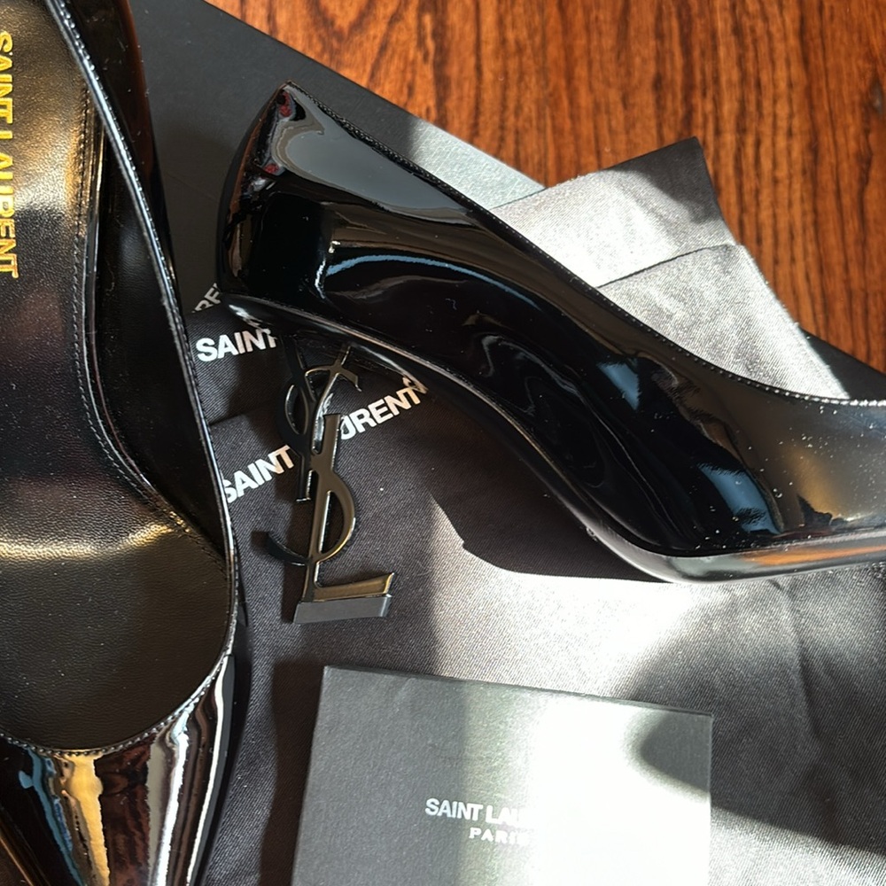 Saint Laurent Opyum Pumps in Black Patent Leather Logo Heel Pointed Toe NWT 37 - Picture 4 of 13